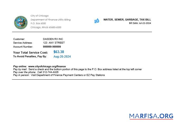 Downloadable USA Illinois Chicago water, sewer, garbage, tax business utility bill Word and PDF template